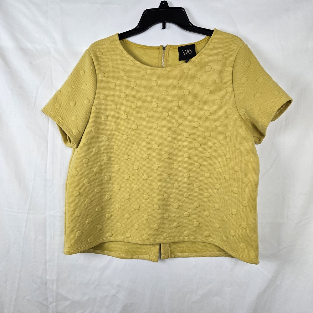 W5 Concepts Womens Golden Yellow Back Zip Textured Knit Retro Short Sleeve Top L